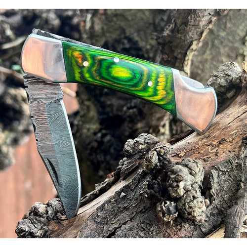 Handmade Aztec Green Black Damascus Steel Pocket Folding Knife