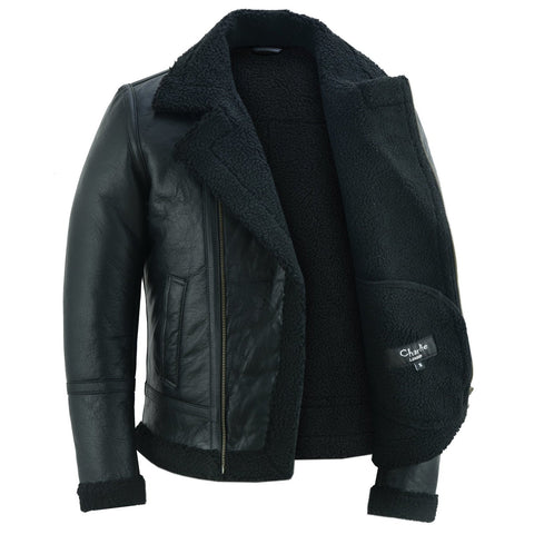 Men's Aviator Style Black Bomber Flying Pilot Fur Jacket -