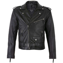 Load image into Gallery viewer, Men&#39;s Belted Cross Zip Brando Biker Black Leather Jacket -