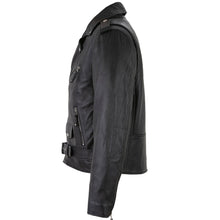 Load image into Gallery viewer, Men&#39;s Belted Cross Zip Brando Biker Black Leather Jacket -