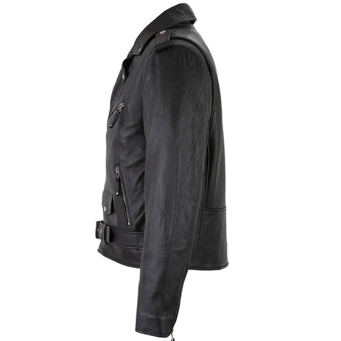 Men's Belted Cross Zip Brando Biker Black Leather Jacket -