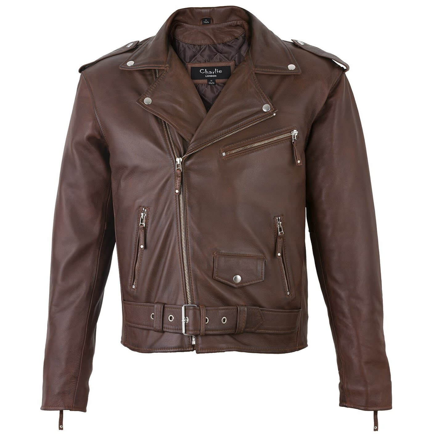 Men's Belted Cross Zip Brando Biker Brown Leather Jacket– Charlie ...