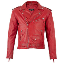 Load image into Gallery viewer, Men&#39;s Belted Cross Zip Brando Biker Red Leather Jacket -