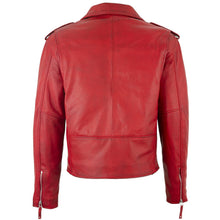 Load image into Gallery viewer, Men&#39;s Belted Cross Zip Brando Biker Red Leather Jacket -