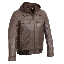 Load image into Gallery viewer, Men&#39;s Brown Leather Zipper Bomber Jacket with Zip Off Hoodie -