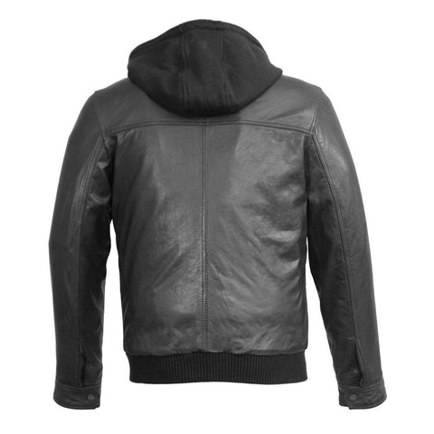 Men's Brown Leather Zipper Bomber Jacket with Zip Off Hoodie -