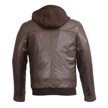 Load image into Gallery viewer, Men&#39;s Brown Leather Zipper Bomber Jacket with Zip Off Hoodie -