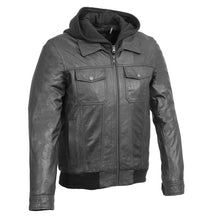 Load image into Gallery viewer, Men&#39;s Brown Leather Zipper Bomber Jacket with Zip Off Hoodie -