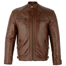Load image into Gallery viewer, Mens Brown Zipped Diamond Leather Jacket -