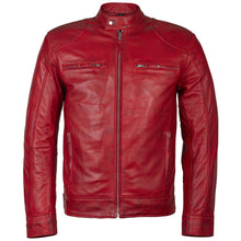 Load image into Gallery viewer, Men&#39;s Slim Fit Sword Cafe Racer Red Soft Leather Jacket -