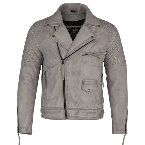 Mens Soltau Diamond Biker Style Grey Leather Jacket -