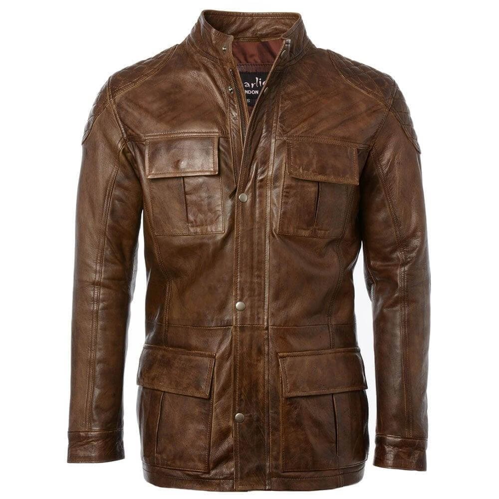 Men's Vintage Brown Racing Long Hip Length Leather Jacket– Charlie ...