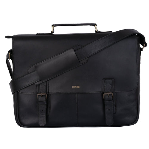 Rustic Distressed Black Leather Laptop Messenger Bag for Men & Women -
