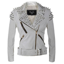 Load image into Gallery viewer, Womens Silver Punk White studded Leather Biker Jacket