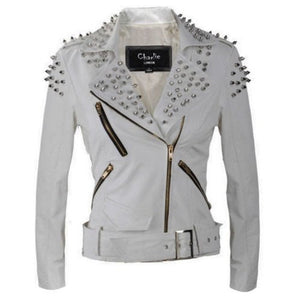Womens Silver Punk White studded Leather Biker Jacket