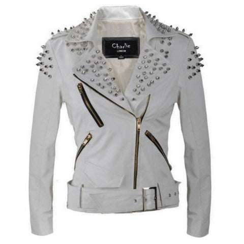 Womens Silver Punk White studded Leather Biker Jacket