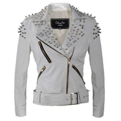 Womens Silver Punk White studded Leather Biker Jacket Charlie
