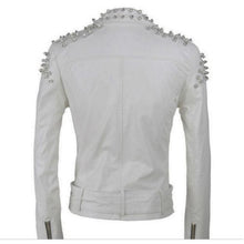 Load image into Gallery viewer, Womens Silver Punk White studded Leather Biker Jacket