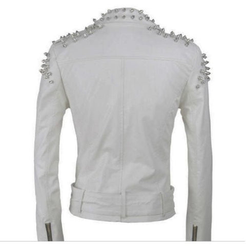 Womens Silver Punk White studded Leather Biker Jacket