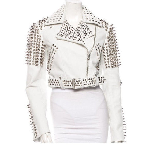 Womens Silver Tone Studded White Leather Biker Jacket