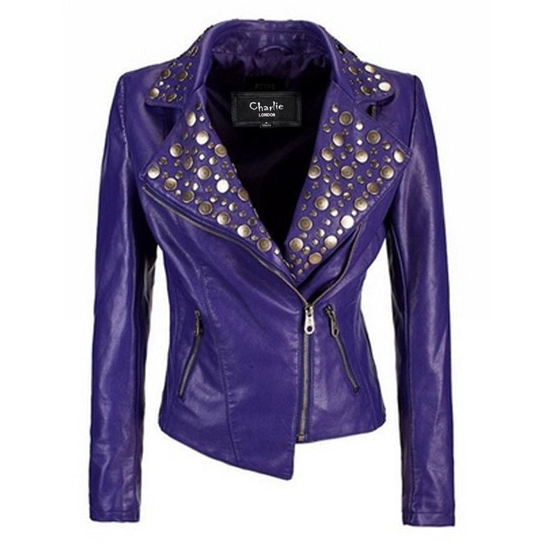 Womens Silver Tone Studded Pruple Leather Biker Jacket