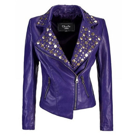 Womens Silver Tone Studded Pruple Leather Biker Jacket
