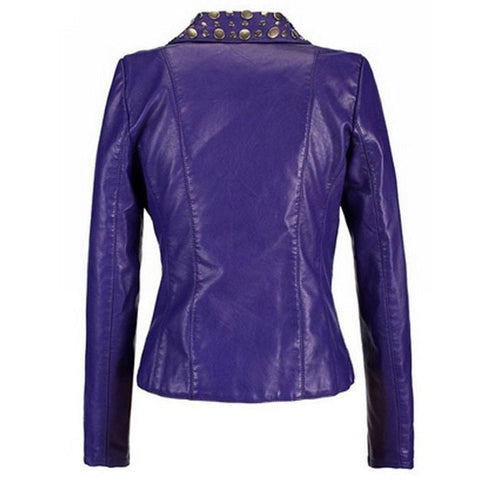 Womens Silver Tone Studded Pruple Leather Biker Jacket